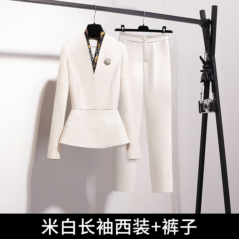 职业女裙套装米白色高端西装外套女西服时尚酒店经理美容师工作服|undefined