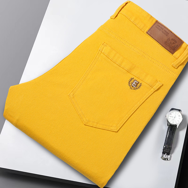 Yellow Embroidered Solid Color Jeans Men's Korean-style Trendy Slim-fit Stretch Straight Pants Trendy Brand Casual All-match Long Pants Yellow Embroidered Solid Color Jeans Men's Korean-style Trendy Slim-fit Stretch Straight Pants Trendy Brand Casual All-match Long Pants