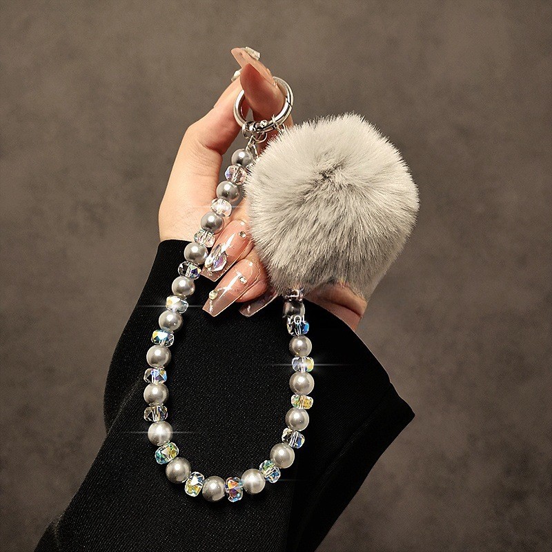 그레이 라지 퍼볼 + 펄 크리스탈 비즈 팔찌 [프리 패치]