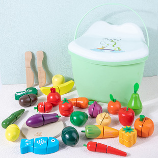 Wooden simulation children play house fruit and vegetable cognitive cutting music cloth bag barrel cutting educational toys