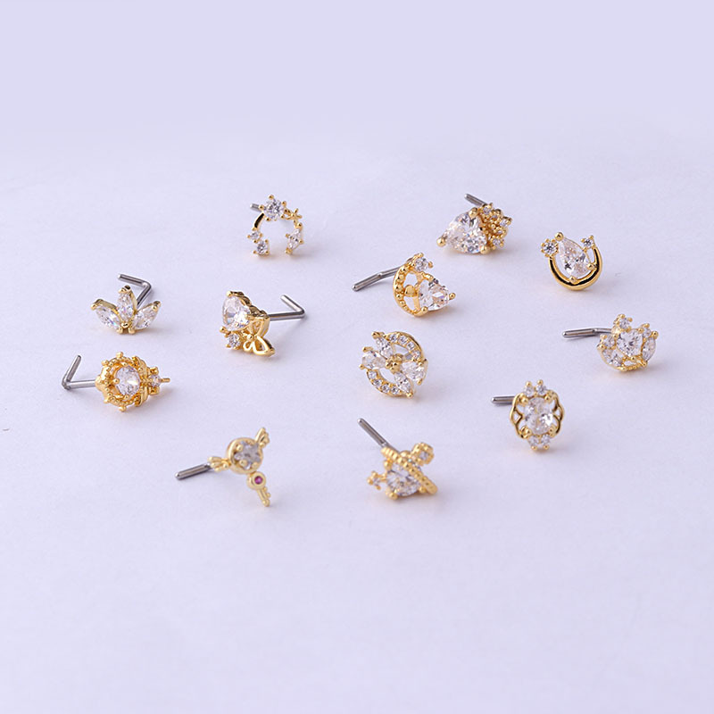 Titanium Steel Screw Rod Heart Shape Crown Zircon Nose Stud Fashion Puncture Nose Studs