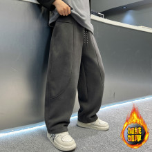 男童加绒裤子纯色秋冬款2024新款中大童冬季加厚一体绒针织弯刀裤