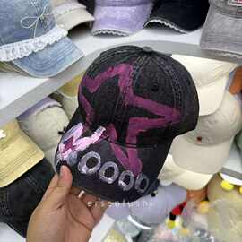 手绘黑色爱心五角星字母水洗牛仔Y2K棒球帽子女早秋韩版ins鸭舌帽