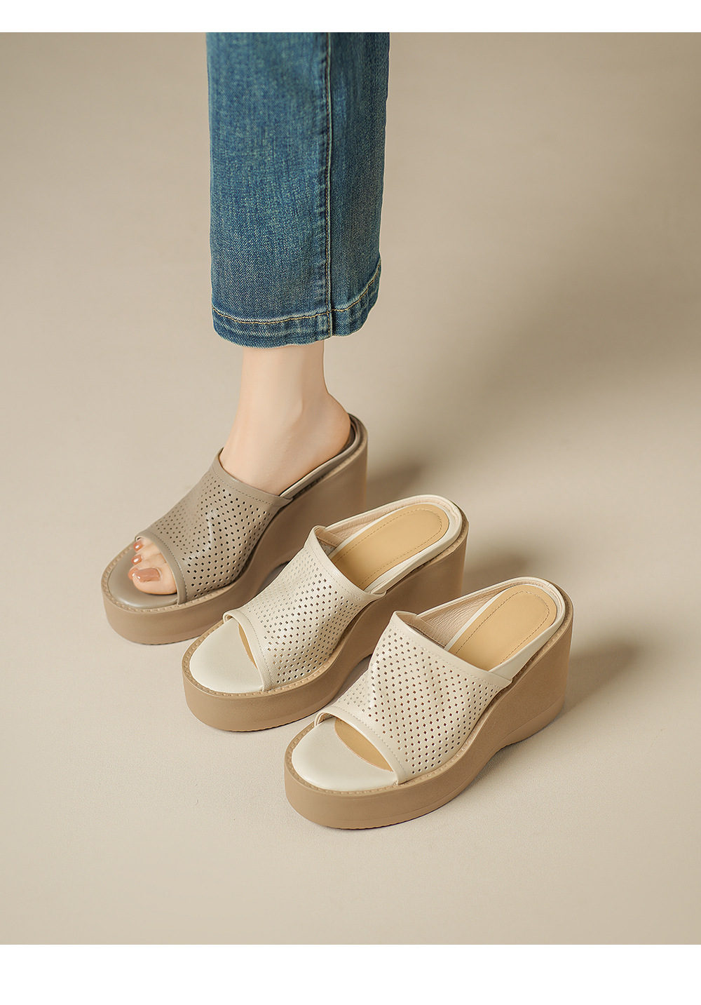 Dép sandal cao gót nữ da cừu đế xuồng mũi hở quai ngang — màu trắng ngà chi tiết 1