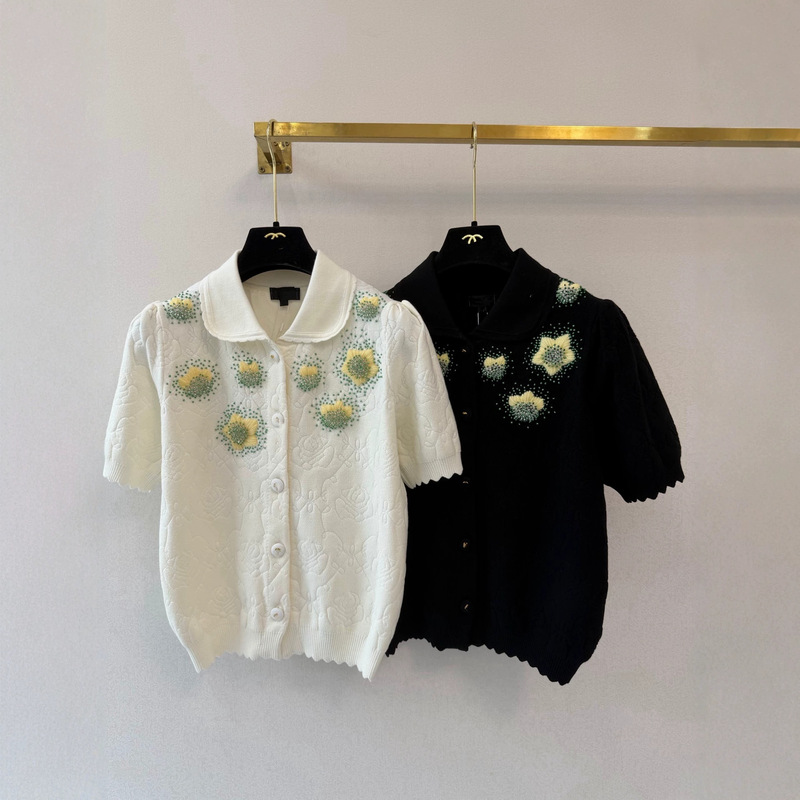 Shenzhen Nanyou Goods Ch Home~Premium~Grade Version 26 Summer New Floral Pattern Turn-Down Collar Knitted Short Sleeve Cardigan