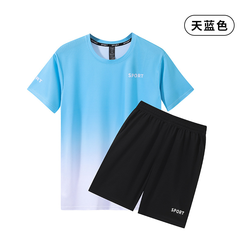 Trajes de deportes de ocio transfronterizos para hombres rápidos secos de manga corta correr transpirable acondicionamiento físico de verano de dos piezas ropa de transporte de seda de hielo gradiente