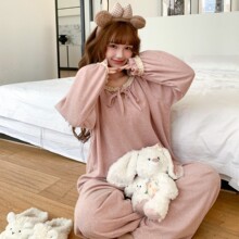 秋冬花边毛巾绒睡衣女韩版时尚学生宿舍长袖长裤可外穿家居服
