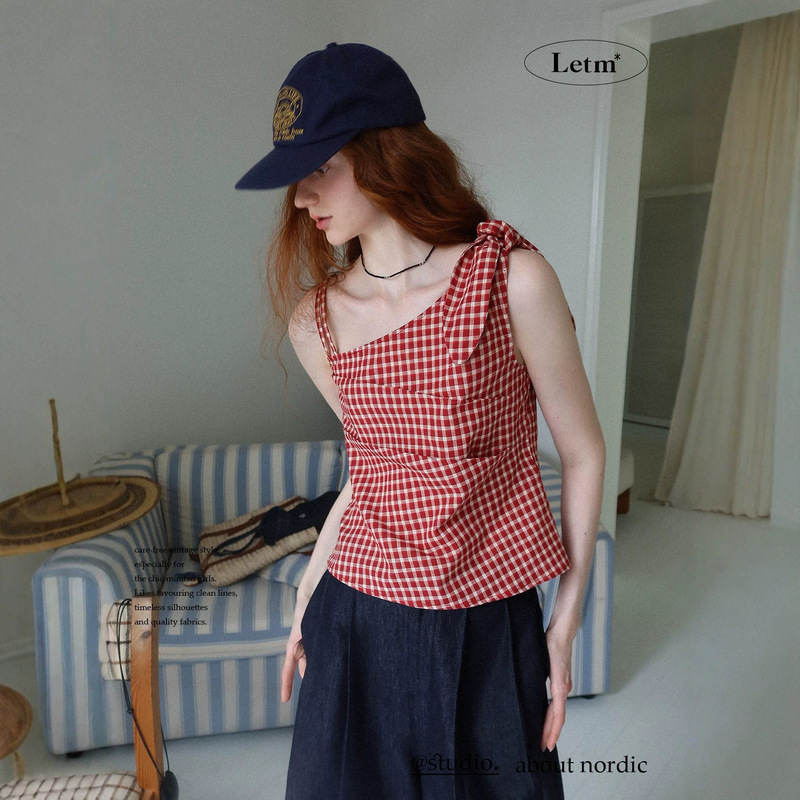 Let's Explore the Summer's Subtle Nuances: Retro Plaid Asymmetrical Shoulder Strap Camisole Top for Women