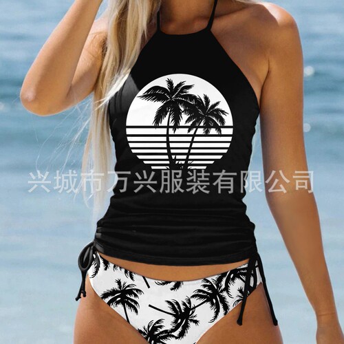 Women's European Coconut Tree Split Body Swimsuit, Beach Sexy Conservative B belly Covering Swimsuit