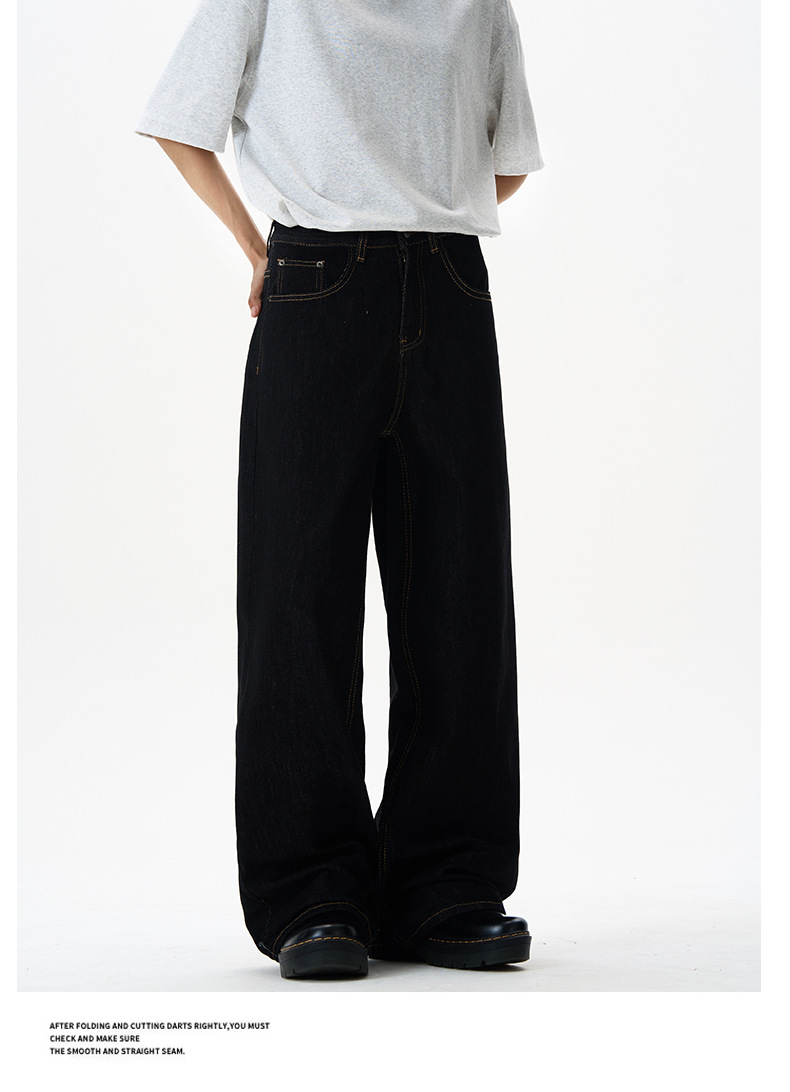 LKTM Classic Black Washed Denim Trousers Relaxed Fit Wide Leg Jeans for Men And Women Cleanfit Aesthetic_viptrois.com