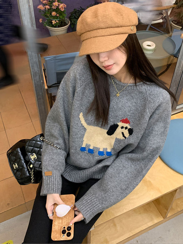 小狗日记高品质提花混纺毛衣女秋季可爱休闲圆领针织衫|undefined