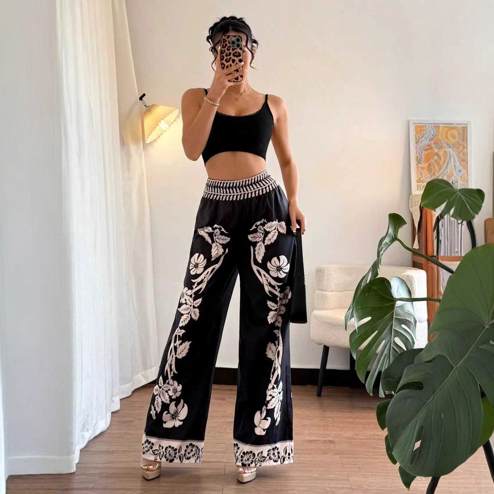 Women's Amazon Women's Hot Style Fashion Printed American Hot Girl Long Wide Leg Pants Casual Straight Pants for Women