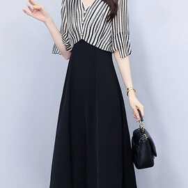 洋气高级感黑色女夏季新款气质妈妈减龄漂亮显瘦拼接裙子女图片色
