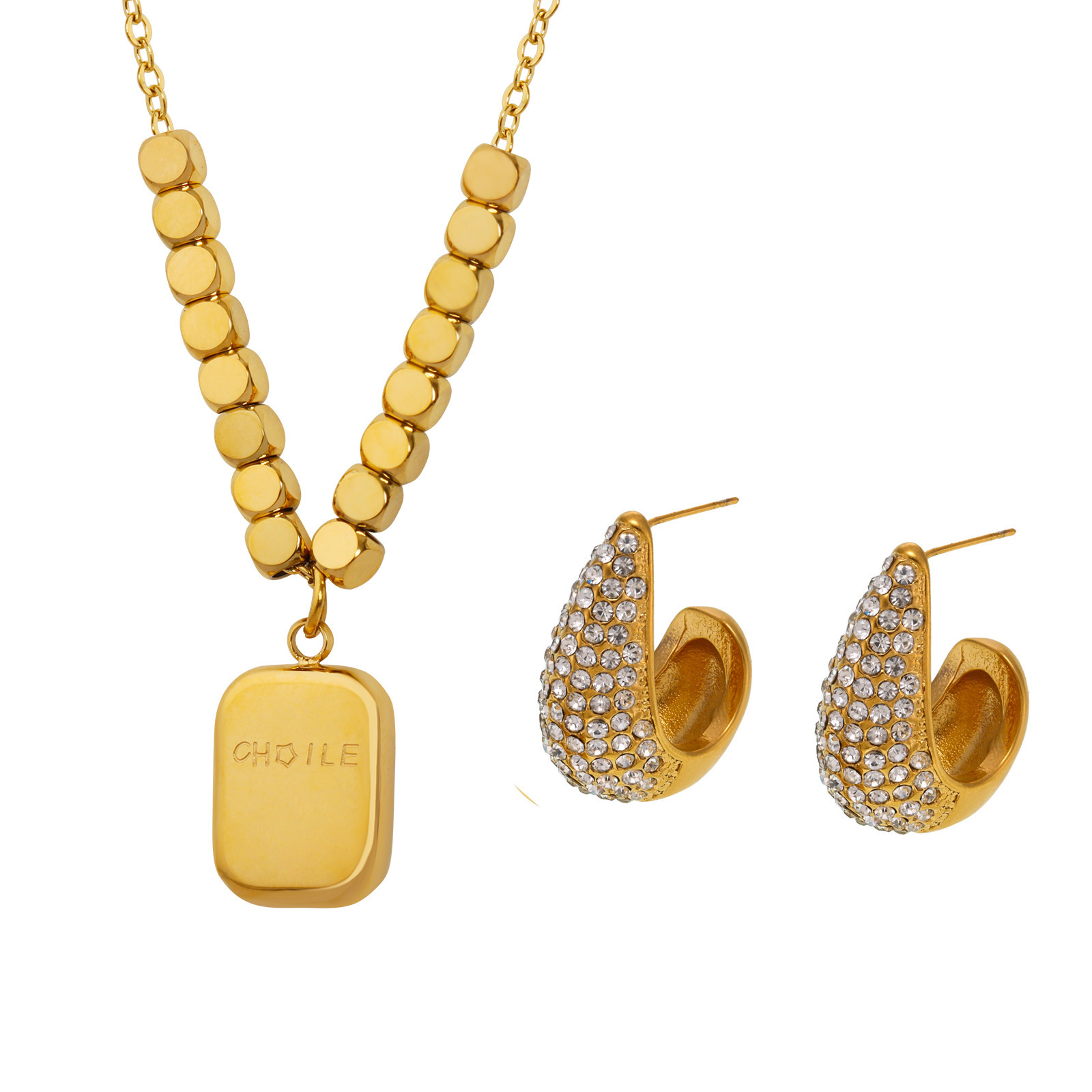 Cuadrados franceses pequeños pendientes de diamantes de gota de agua de Qianlin tallado collar inglés accesorios diarios