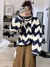 感重工粗针拼色套头波浪条纹毛衣女秋冬新款慵懒风针织衫