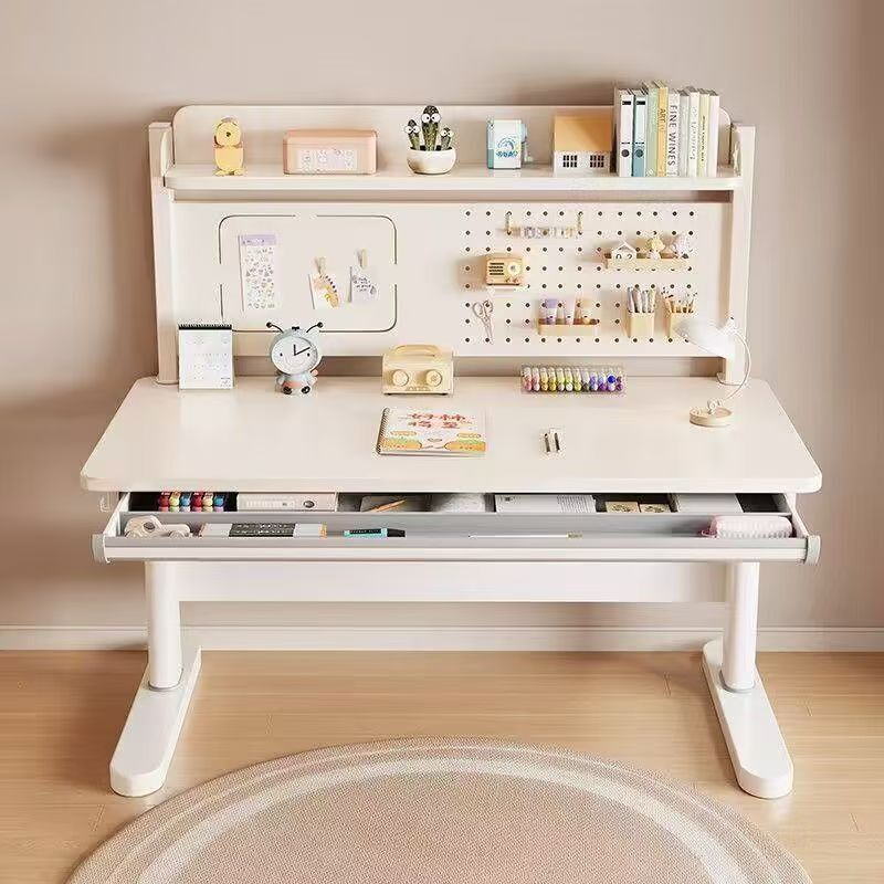 Children's Study Table, Solid Wood, Hand-Cranked Height Adjustment, Large White Table, Home Bedroom, Primary School Student Study Desk and Chair, Study Table
