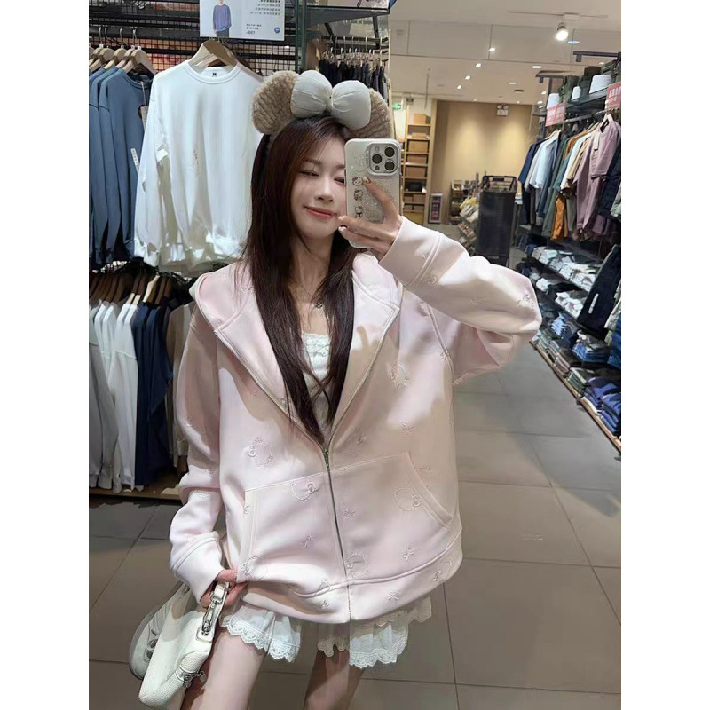 连帽刺绣长袖原版猫咪甜美风粉色卫衣女秋季别致减龄宽松显瘦上衣