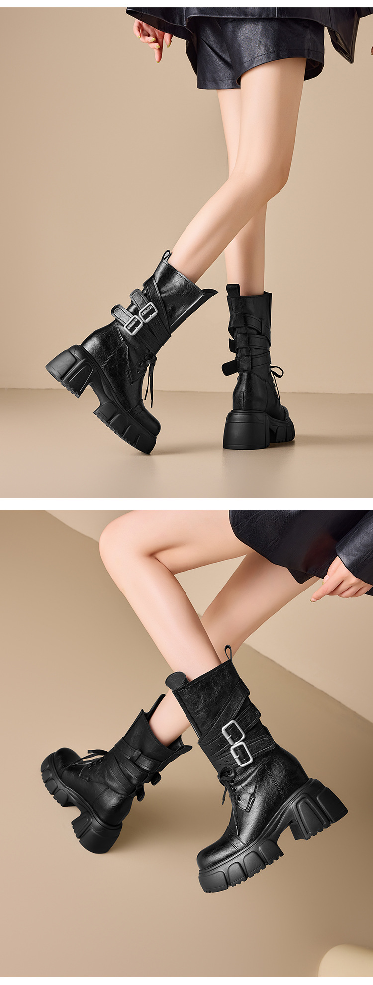 Boot nữ cổ cao ôm bắp chân đế dày 10 cm phong cách phương Tây cổ điển — Lớp lót nhung đen chi tiết 7