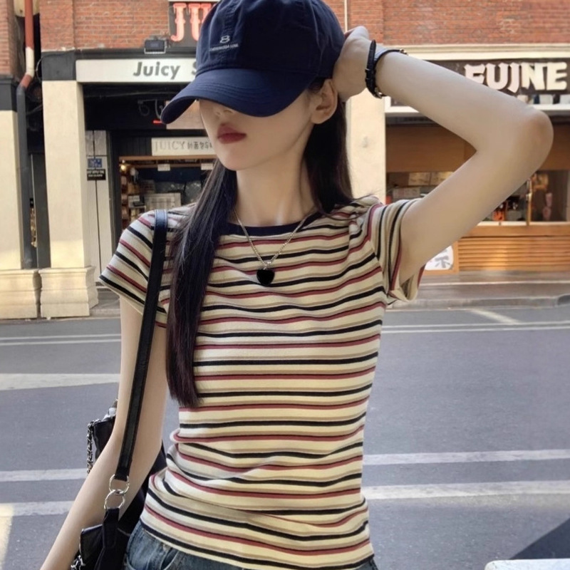 Vintage Color-Block Striped Design Fashion Ins Short-Sleeve T-Shirt for Women Summer Slim Fit Base Top Trendy Women's Top