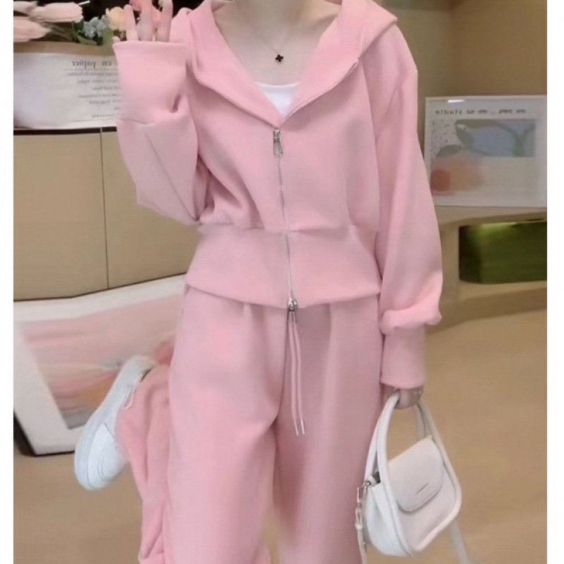 小个子粉色卫衣连帽休闲运动套装女网红炸街俏皮活泼直筒裤两件套|undefined