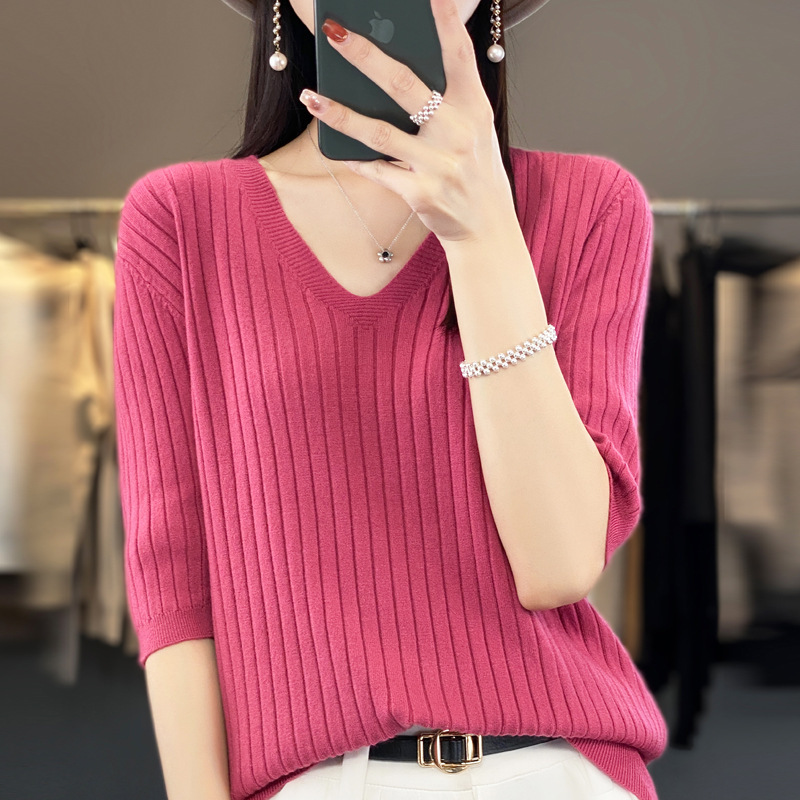 2023 Summer new simple V-neck sweater short sleeve T-shirt women's slim slim drawdown bottoming shirt top wholesale