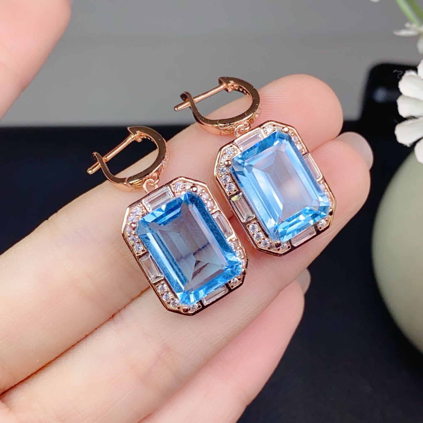 Topaz Earrings with a Flawless Quality and Excellent Fire Color, Main Stone Size Approximately 10*14mm 925 Silver with Fine Craftsmanship and Inlay Work