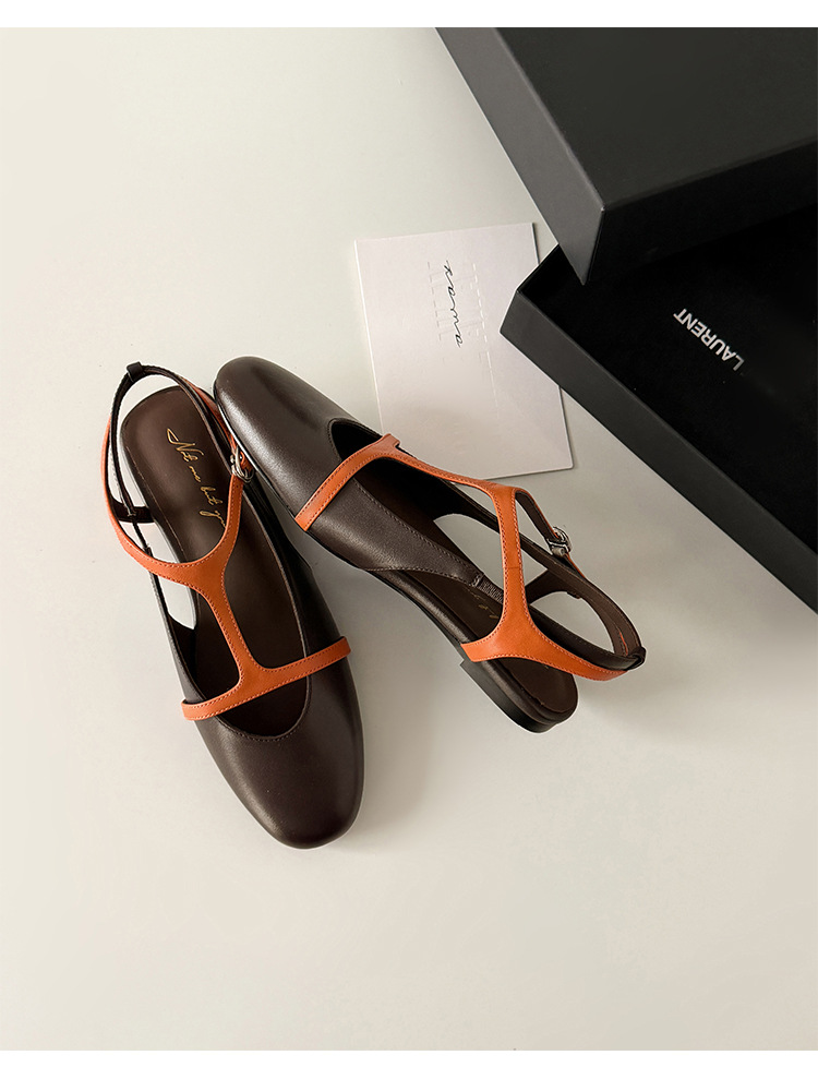 Sandal nữ quai chữ T bít mũi đế bệt da bò phối màu phong cách Hàn — màu nâu chi tiết 22