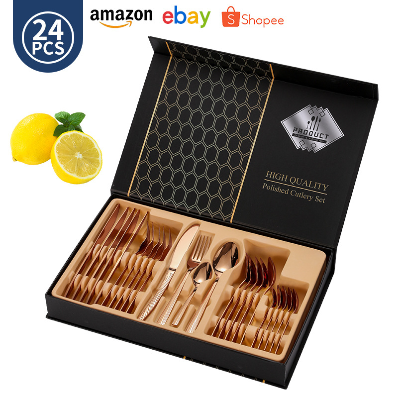 나이프, 포크, 스푼 레이저 손잡이 24개 플립탑 선물 상자 - 로즈 골드