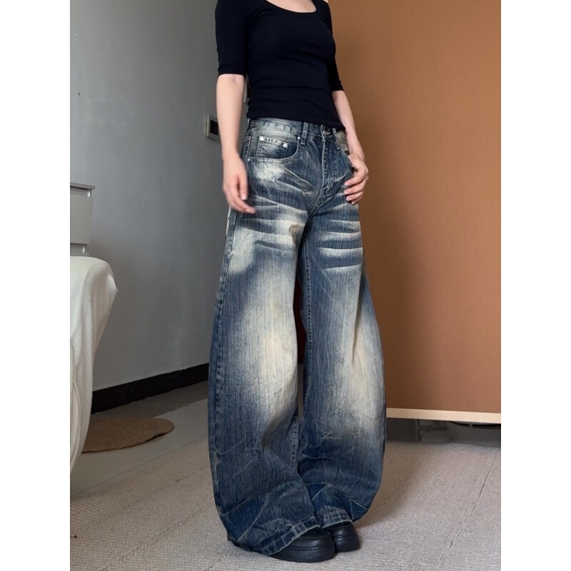 Tall women's extended American retro bamboo-patterned curved-leg jeans, low-waisted, loose-fitting, slimming, wide-leg, floor-length pants