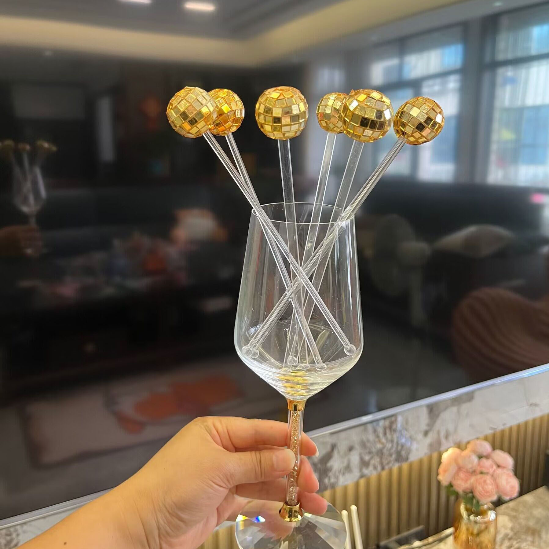 Disco transfronterizo bola cóctel pajita varilla para mezclar bola de espejo plateado diseño de ambiente de fiesta temática