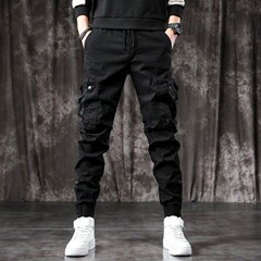 春と秋のファッションブランドの男性の服装のズボンは身を修めて足のごろつきのかっこいいズボンのアメリカの多ポケットの小さい足の2024黒いズボンを結びます。