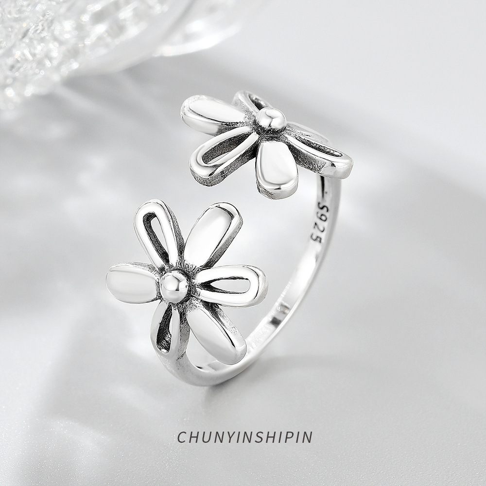 ins Wind opening ring 925 Sterling Silver Retro Daisy Flower Ring personality temperament Forefinger Korean Jewelry