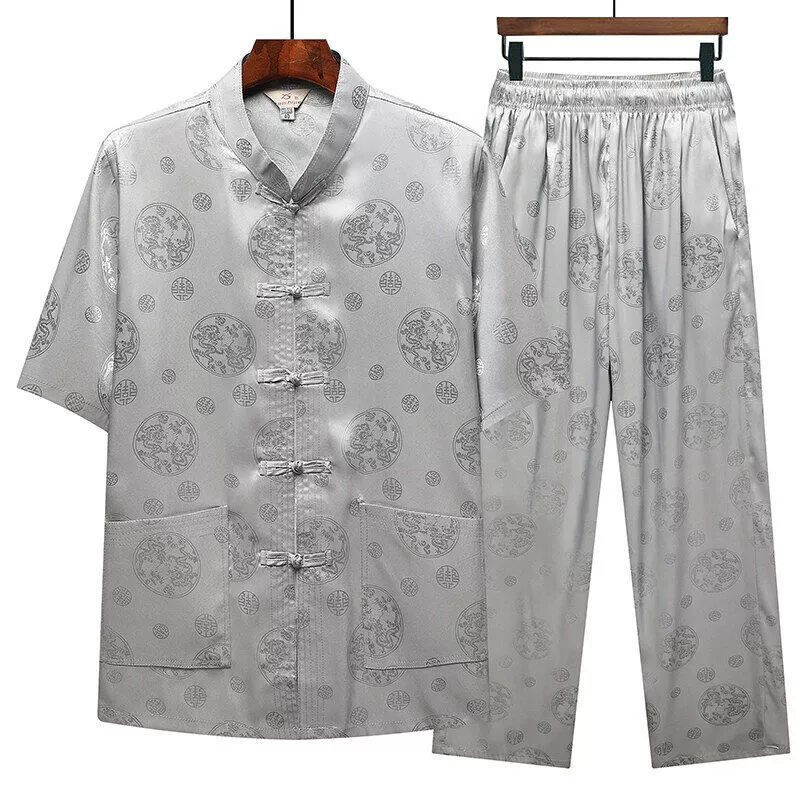 Костюм Тан для мужчин среднего и пожилого возраста, летний мужской костюм с короткими рукавами, костюм из хлопка и шелка в китайском стиле, костюм из двух предметов, китайская одежда для дедушки и пожилых людей