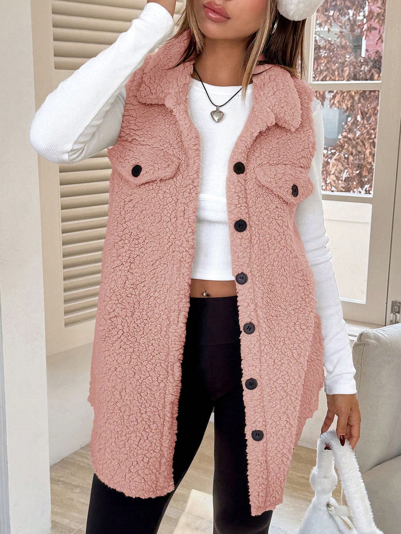 Chaleco de forro polar para mujer con solapa y botones casual_voghion.com