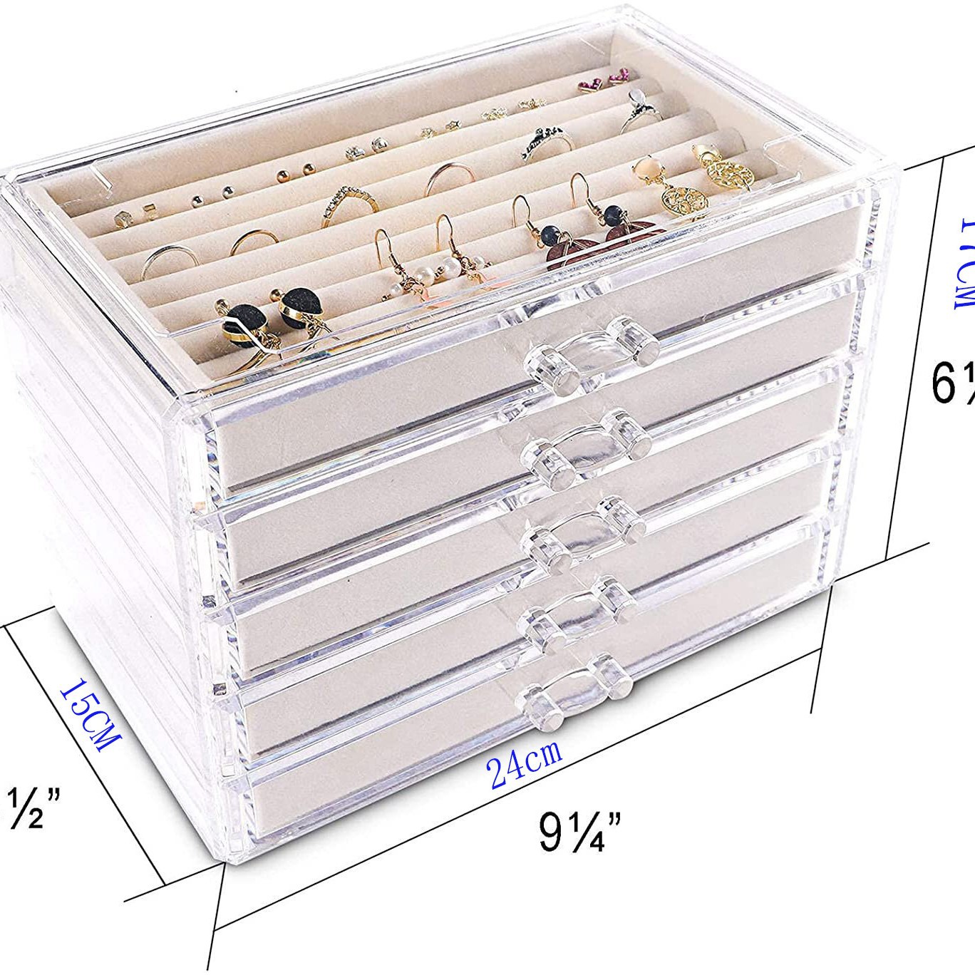 Caja de joyería de franela beige transfronteriza multi-capa de terciopelo placa anillo de acrílico collar oreja compartimiento de joyería caja de joyería de acabado