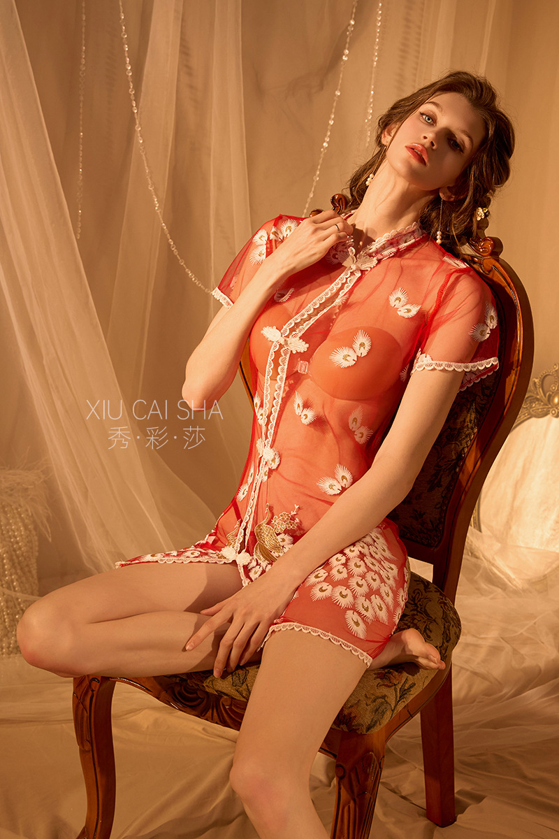 Phoenix Embroidered See-Through Cheongsam-Style Lingerie Set, Blue Lace, One Size — detail image 15