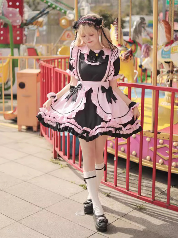 新品 ~ 日系Lolita黒粉メイド服cos甘美少女かわいい猫蝶結びソフト妹セット|undefined