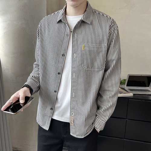 Spring and Autumn Simple and Versatile Personality Men's Fashion Lazy New Trend Cool Bad Boy Versatile Striped Men's Long-Sleeve Shirt