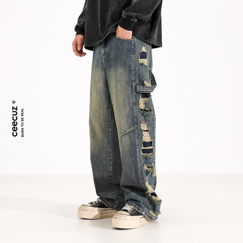 2024 Autumn High-Waisted Washed Denim Pants with Large Side Rips, Wide-Legged, Stylish, Slimming, and Distressed Look