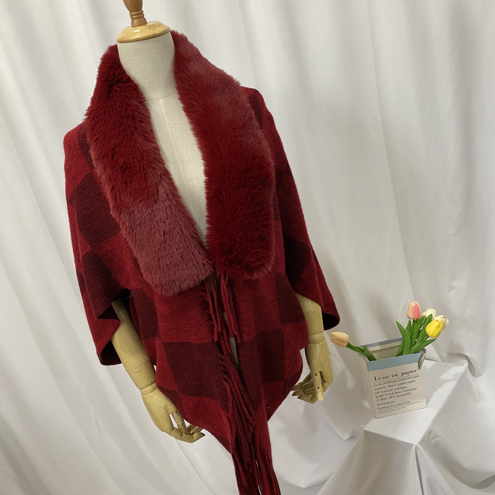 (2개) 2023 대외 무역 새로운 스타일 대형 격자 무늬 외부 니트 숄 따뜻한 술 두꺼운 대형 모피 칼라 니트 가디건