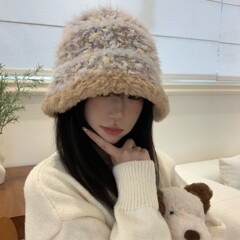 秋冬韩版混色毛绒渔夫帽女保暖护耳显脸小盆帽百搭条纹针织水桶帽