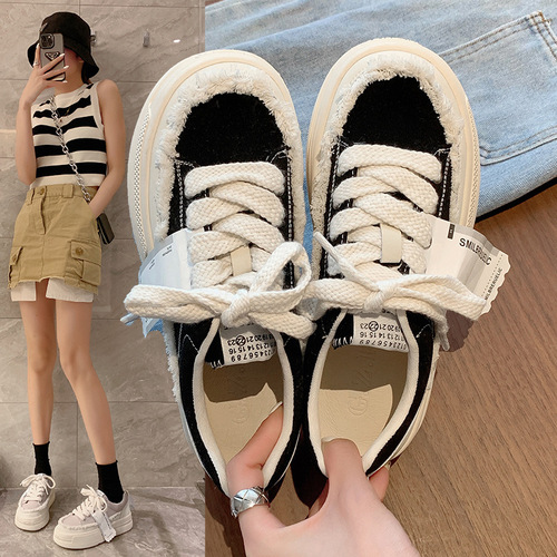 Hongtong Canvas Shoes for Women: New Arrival Japanese-style Retro Fashionable Thick-sole Casual All-Match Loafers: Trendy Distressed Designer Shoes
