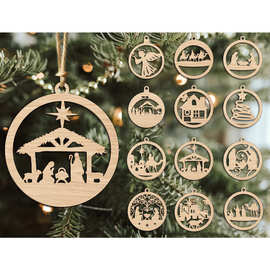 定制木质镂空挂件DIY饰品圣诞木片 跨境圣诞节装饰品耶稣诞生挂饰