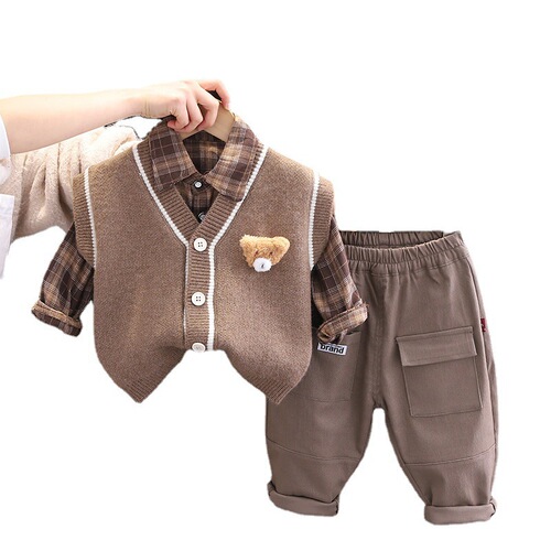 Children's clothing spring and autumn new children's knitted sweater vest cardigan three-piece set boy and girl baby cartoon shirt set