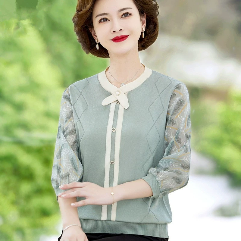 Мамина летняя футболка из ледяного шелка, Топ для женщин среднего возраста, модный тонкий свитер, весенне-летняя рубашка для похудения