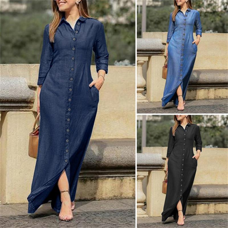 Femmes Robe En Jean Décontractée Col De Chemise Poche Manche Longue Couleur Unie Maxi Longue Robe Du Quotidien display picture 1