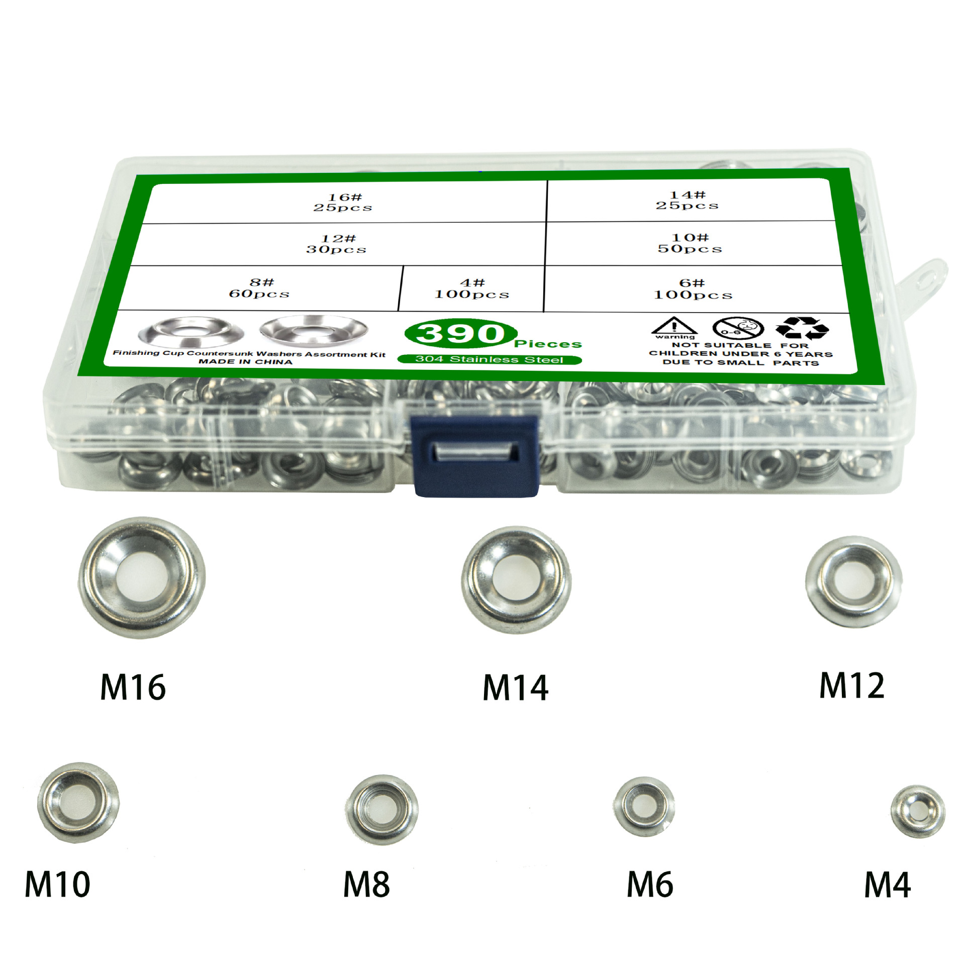 跨境专供390pcs凹凸垫圈套装 M4M6M8M10-M16碗型垫圈锥形垫圈盒装