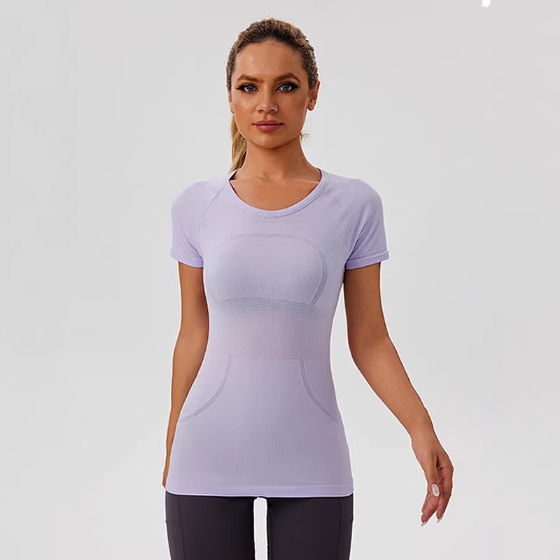 Round Neck High-Elastic Sports Knitted Short-Sleeved Women's Loose-Fitting Slimming Quick-Drying Casual Fitness Training Yoga Top T-Shirt
