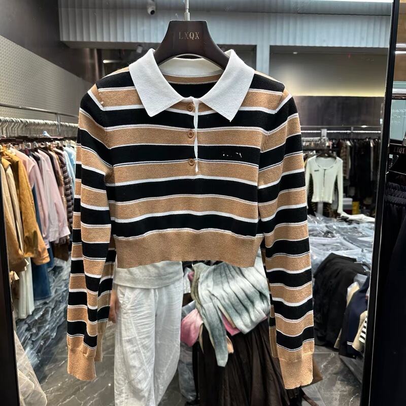 European style 2026 early autumn new collection: a versatile women’s long-sleeved knit sweater with a collar, three-button closure, striped color-block design, and made from viscose