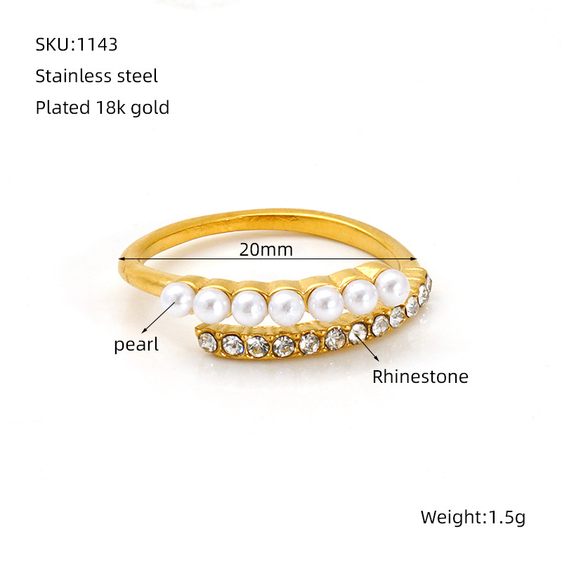 Japón y Corea del Sur nuevo tipo geométrico cruz oro INS viento temperamento ligero lujo con incrustaciones de perlas anillo de ajuste de apertura mujer